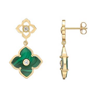 Gemminded Gold Over Sterling Silver Malachite & Cubic Zirconia Flower Drop Earrings