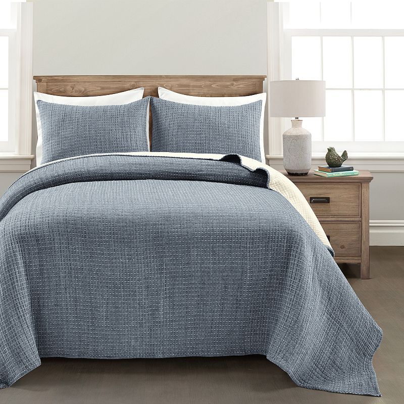 Lush Décor 3pc King Solid Kantha Pick Stitch Yarn Dyed Woven Quilt/Coverlet Set Navy/Off-White: Reversible Bedding Set with Shams
