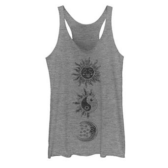 Juniors' Sun Moon Woodcut Galactic Graphic Tank Top
