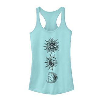 Juniors' Sun Moon Woodcut Galactic Graphic Tank Top