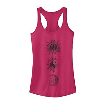 Juniors' Sun Moon Woodcut Galactic Graphic Tank Top