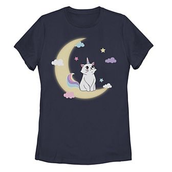 Juniors' Caticorn Cloudy Moon Graphic Tee