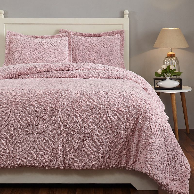 Better Trends Double Wedding Ring Cotton Comforter Set and Sham, Pink, King