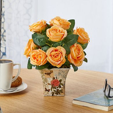 nearly natural Artificial Orange Rose Bouquet Table Decor