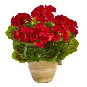 nearly natural Indoor / Outdoor Artificial Red Geranium Plant Table Decor