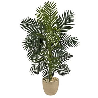 nearly natural Golden Cane Palm Tree Artificial Plant Floor Decor in Sandstone Planter