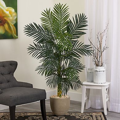 nearly natural Golden Cane Palm Tree Artificial Plant Floor Decor in Sandstone Planter