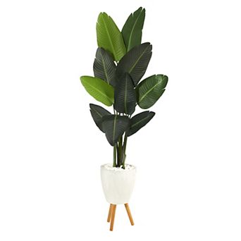 nearly natural Travelers Palm Tree Artificial Plant in a White Footed Planter Floor Decor