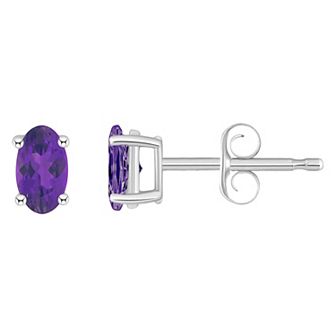 14k White Gold Oval Birthstone Stud Earrings