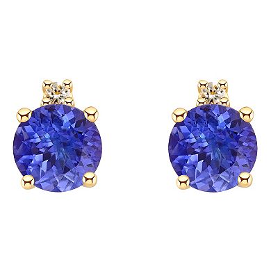 14k Gold 4 mm Round Tanzanite & Diamond Accent Stud Earrings