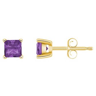 14k Gold 4 mm Princess Cut Amethyst Stud Earrings