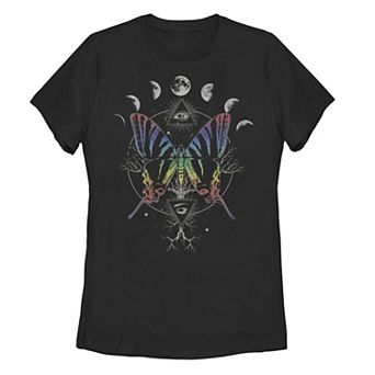 Juniors' Rainbow Butterfly And Moon Phases Tee