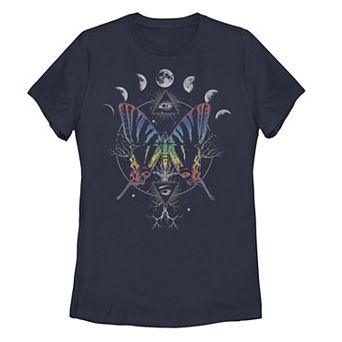 Juniors' Rainbow Butterfly And Moon Phases Tee