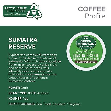 Green Mountain Coffee Sumatra Reserve Coffee, Keurig® K-Cup® Pods, Dark Roast, 24 Count