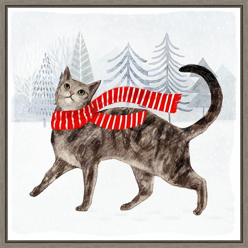 Amanti Art Christmas Cats and Dogs I Framed Canvas Wall Art, Grey, 16X16