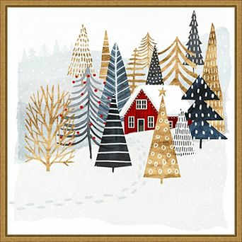 Amanti Art Christmas Chalet I Tree Framed Canvas Wall Art