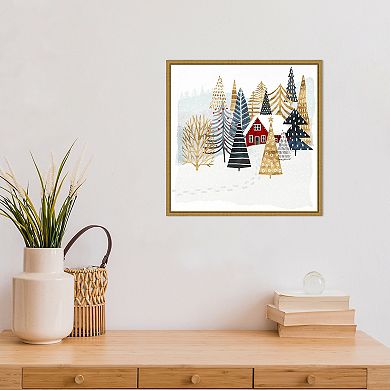 Amanti Art Christmas Chalet I Tree Framed Canvas Wall Art