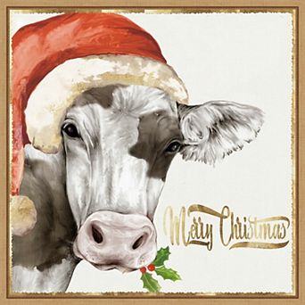 Amanti Art Christmas Cow Gold Tone Framed Canvas Wall Art