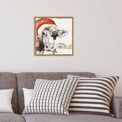 Amanti Art Christmas Cow Gold Tone Framed Canvas Wall Art