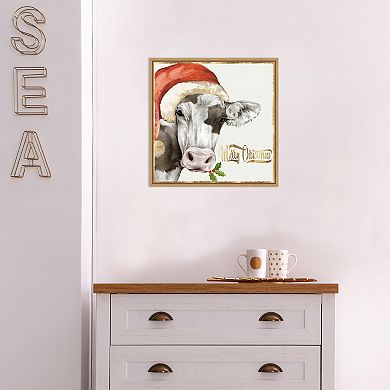 Amanti Art Christmas Cow Gold Tone Framed Canvas Wall Art
