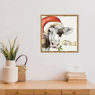 Amanti Art Christmas Cow Gold Tone Framed Canvas Wall Art