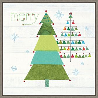 Amanti Art Christmas Patchwork I Trees Framed Canvas Wall Art