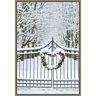 Amanti Art Christmas Wreath and Snow Covered Gate Darrell Gulin Danita Delimont Framed Canvas Wall Art
