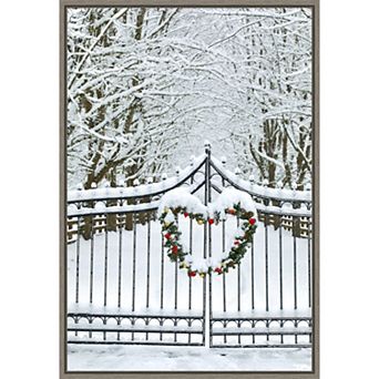 Amanti Art Christmas Wreath and Snow Covered Gate Darrell Gulin Danita Delimont Framed Canvas Wall Art