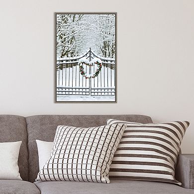 Amanti Art Christmas Wreath and Snow Covered Gate Darrell Gulin Danita Delimont Framed Canvas Wall Art