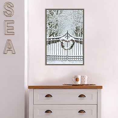 Amanti Art Christmas Wreath and Snow Covered Gate Darrell Gulin Danita Delimont Framed Canvas Wall Art