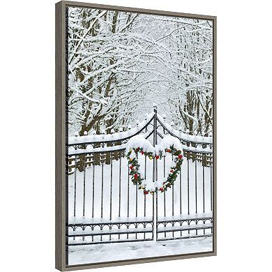 Amanti Art Christmas Wreath and Snow Covered Gate Darrell Gulin Danita Delimont Framed Canvas Wall Art