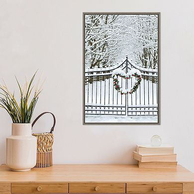 Amanti Art Christmas Wreath and Snow Covered Gate Darrell Gulin Danita Delimont Framed Canvas Wall Art