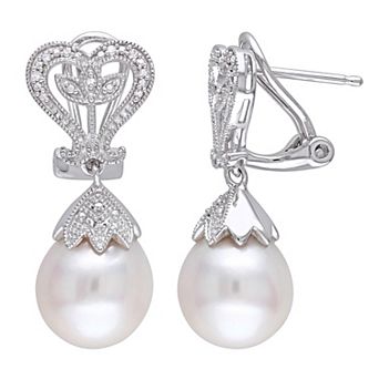 Stella Grace Sterling Silver Diamond Accent & Freshwater Cultured Pearl Heart Leaf Earrings