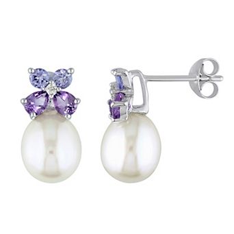 Stella Grace Sterling Silver Diamond Accent, Tanzanite, Amethyst & Freshwater Cultured Pearl Earrings