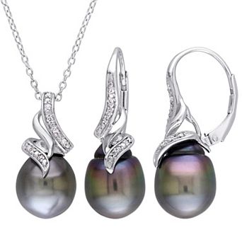 Stella Grace Sterling Silver 1/10 Carat T.W. Diamond & Dyed Tahitian Cultured Pearl Drop Pendant & Earring Set