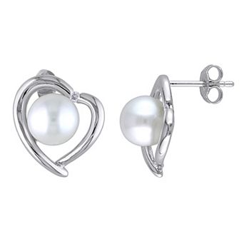 Stella Grace Sterling Silver Diamond Accent & Freshwater Cultured Pearl Heart Earrings