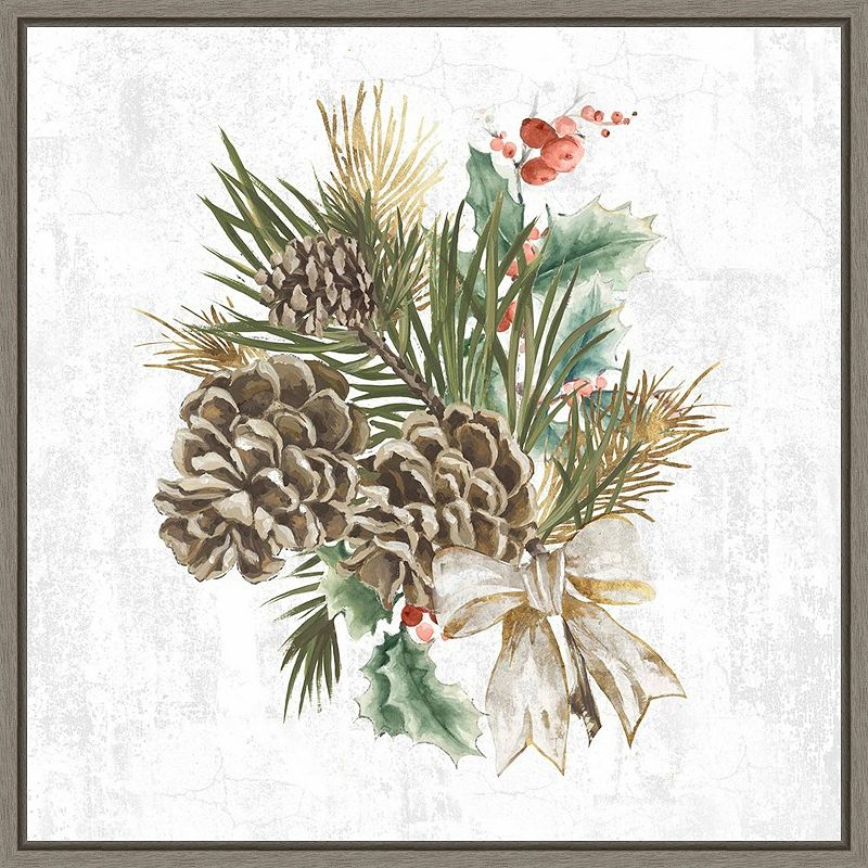 Amanti Art Holiday Spirit Pinecone Wreath Framed Canvas Wall Art, Grey, 16X