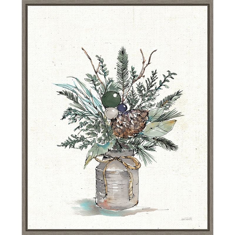 Amanti Art Seasonal Charm Greenery I Christmas Vase Framed Canvas Wall Art,
