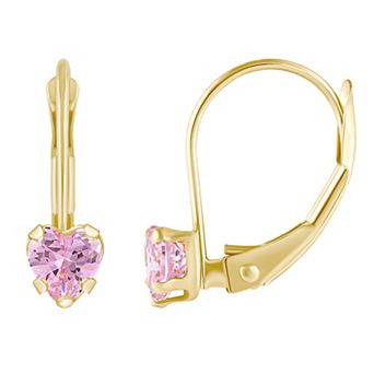 Celebration Gems Kids' 14k Gold 4 mm Pink Cubic Zirconia Heart Leverback Earrings