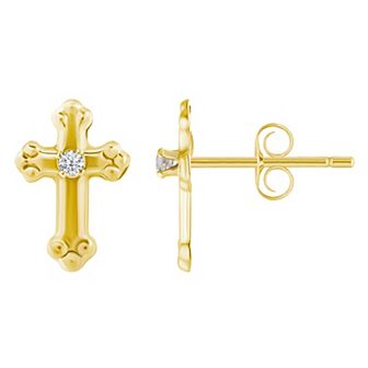 Kids' 14k Gold Cubic Zirconia Cross Stud Earrings