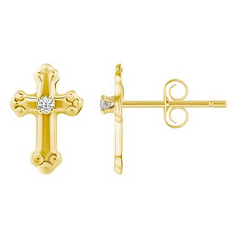 Celebration Gems Kids' 14k Gold Cubic Zirconia Cross Stud Earrings