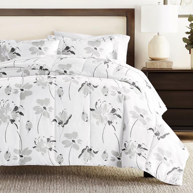 Home Collection Magnolia Patterned Comforter Set, Grey, Full/Queen