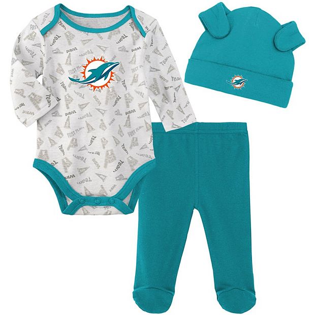 Newborn & Infant White/Aqua Miami Dolphins Greatest Lil Player Bodysuit,  Pants & Cuffed Knit Hat Set