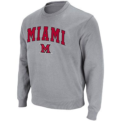Men's Colosseum Heathered Gray Miami University RedHawks Arch & Logo Tackle Twill Pullover Sweatshirt