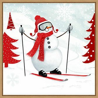Amanti Art Snow Day I Snowman Skiing Framed Canvas Wall Art