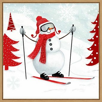 Amanti Art Snow Day I Snowman Skiing Framed Canvas Wall Art