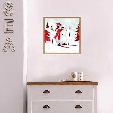 Amanti Art Snow Day I Snowman Skiing Framed Canvas Wall Art
