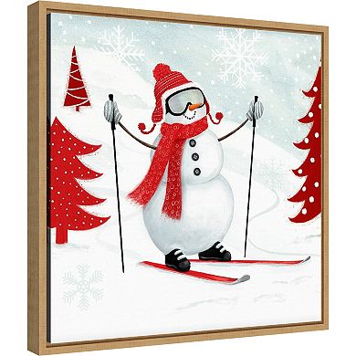 Amanti Art Snow Day I Snowman Skiing Framed Canvas Wall Art