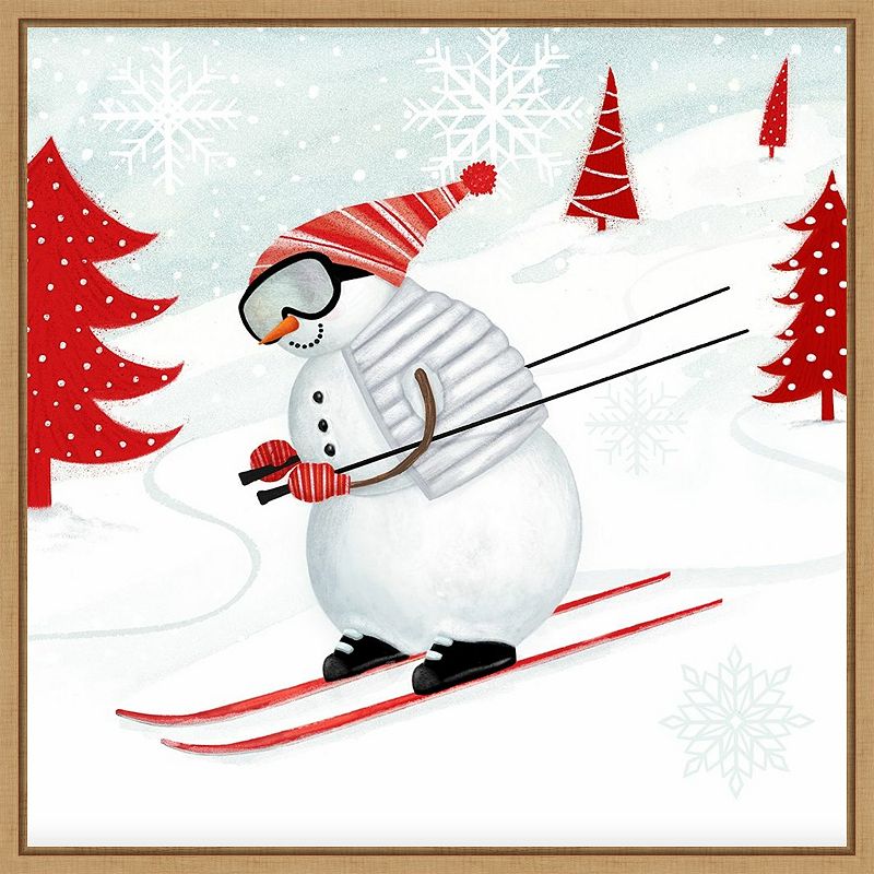 Amanti Art Snow Day II Snowman Skiing Framed Canvas Wall Art, Brown, 16X16