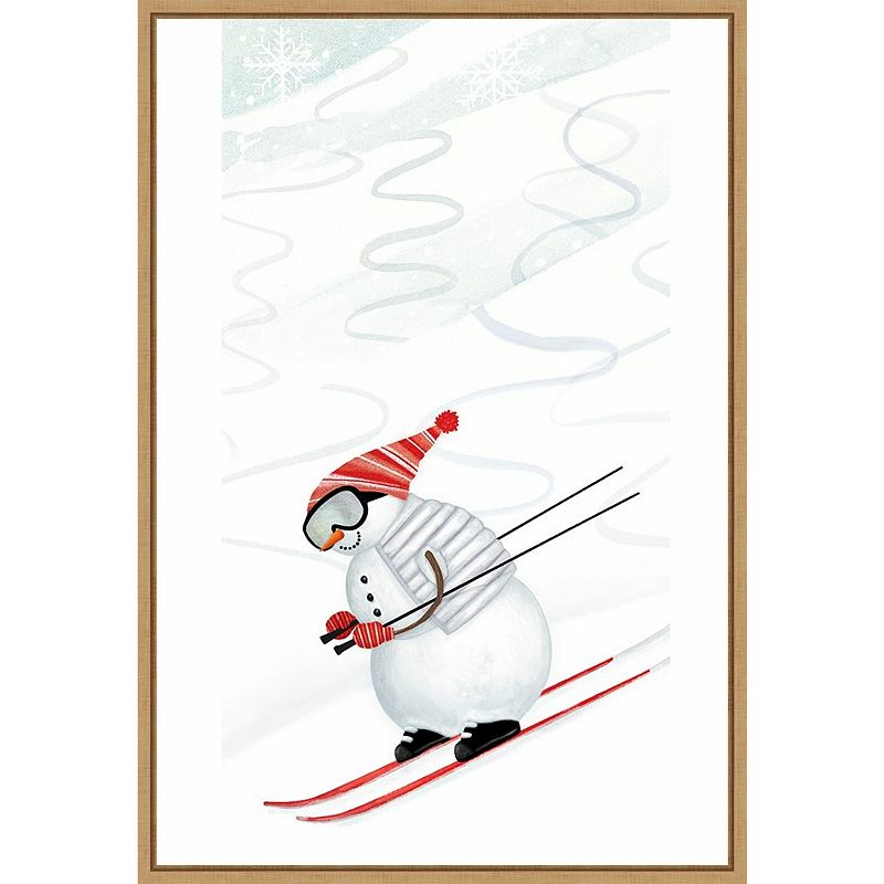 Amanti Art Snow Day III Snowman Skiing Framed Canvas Wall Art, Brown, 23X16